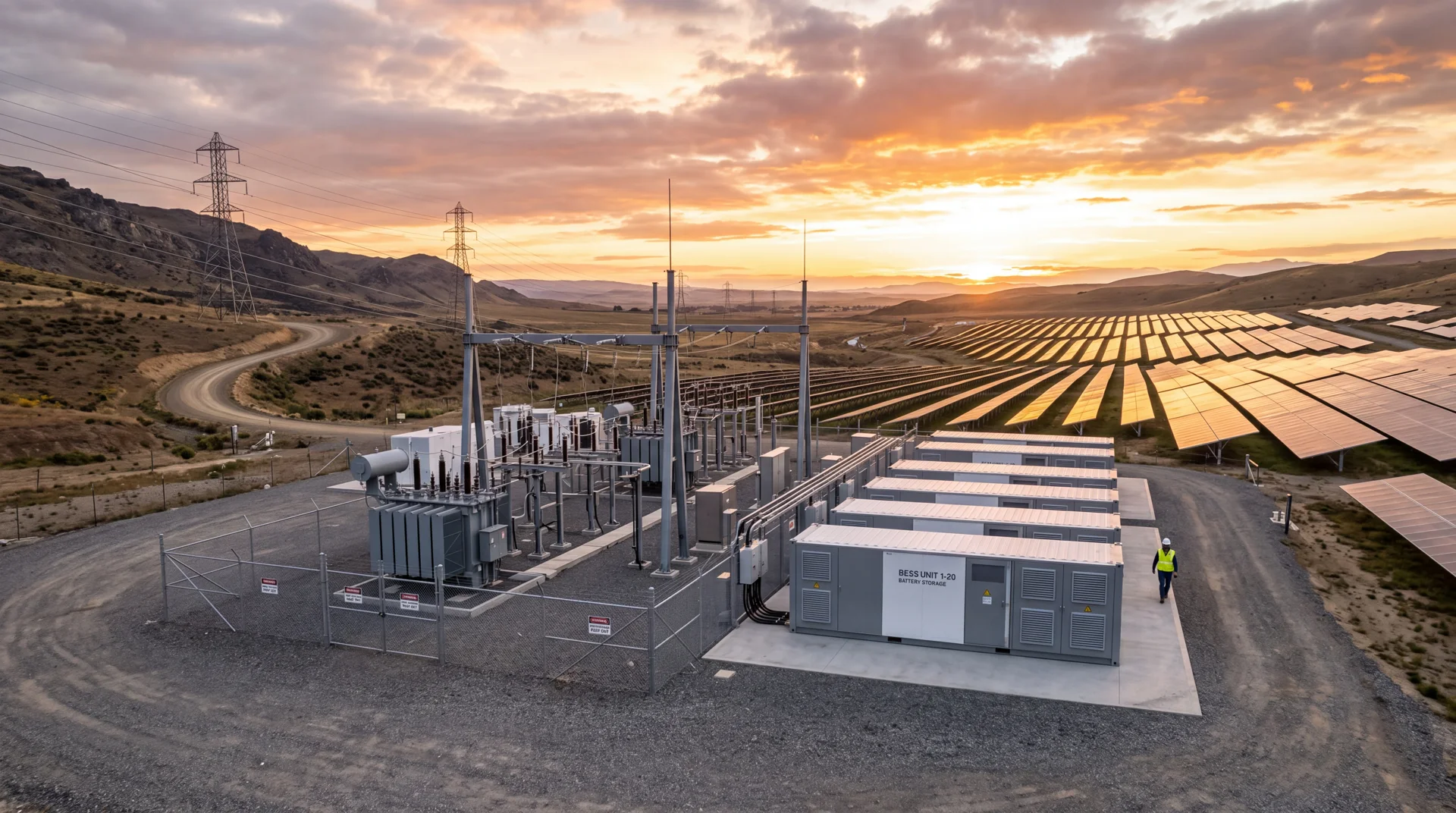 Solar farm with battery energy storage system at sunset